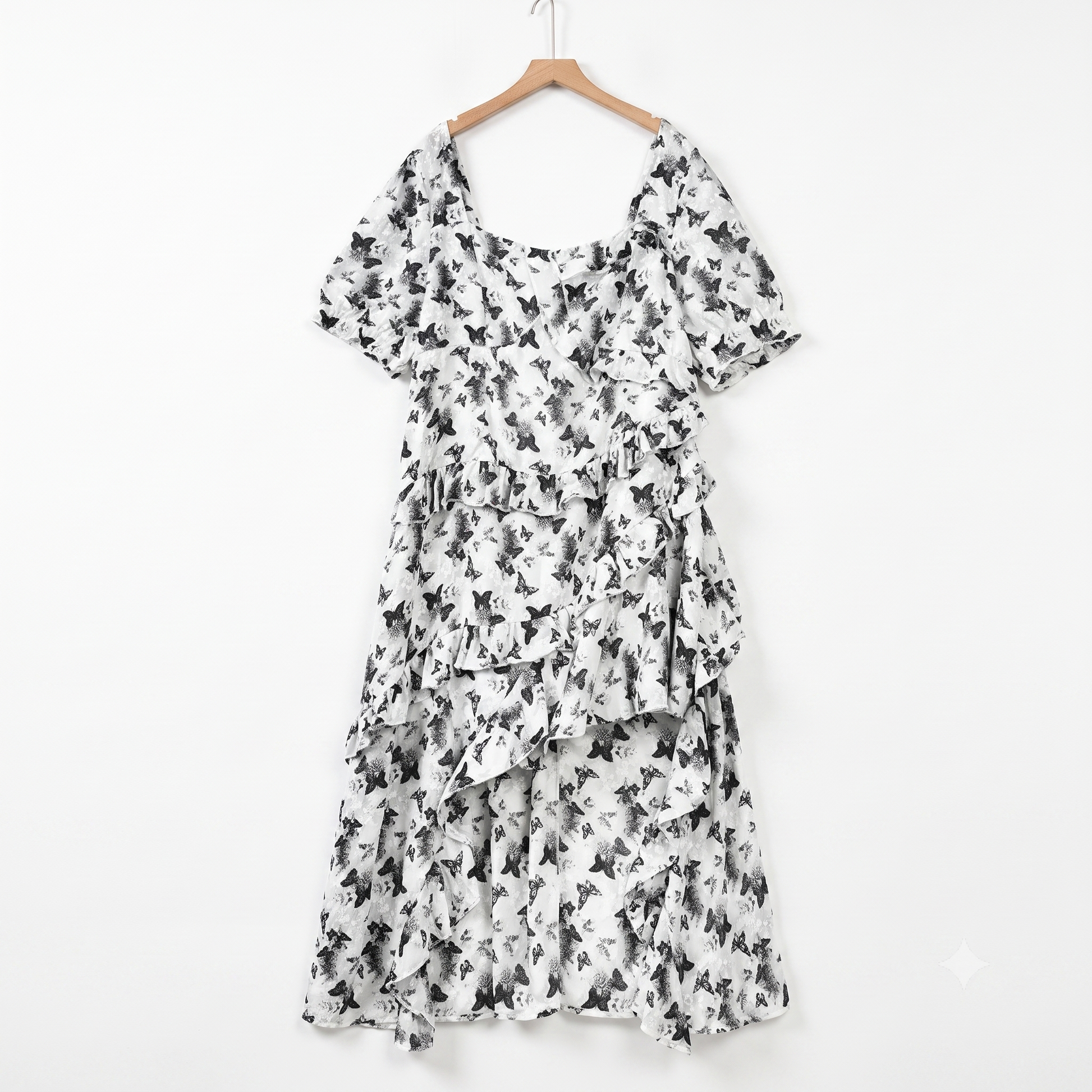 Plusock Plus SizeSquare Neck Puff Short Sleeve Floral Tiered Summer Dress - Black - 6XL - image 0
