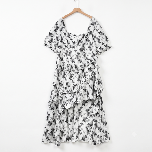 Plusock Plus SizeSquare Neck Puff Short Sleeve Floral Tiered Summer Dress - Black - 6XL - image 0