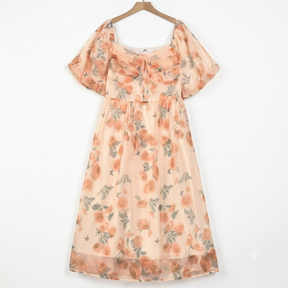 Plusock Plus Size Square Neck Puff Short Sleeve Empire Waist Floral Print Summer Dress - Pink - 4XL - image 0