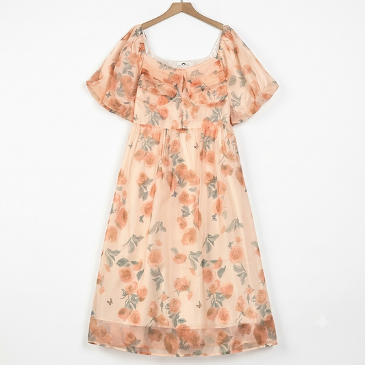 Plusock Plus Size Square Neck Puff Short Sleeve Empire Waist Floral Print Summer Dress - Pink - 4XL - image 0