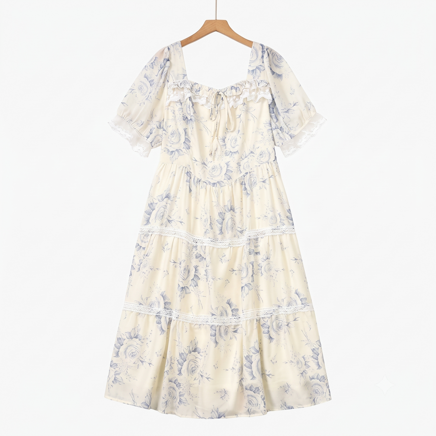 Plusock Square Neck Puff Short Sleeve Lace Trim Tiered Summer Dress - Beige - 6XL - image 0