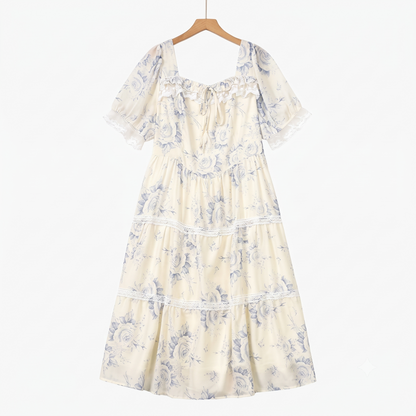 Plusock Square Neck Puff Short Sleeve Lace Trim Tiered Summer Dress - Beige - 6XL - image 0
