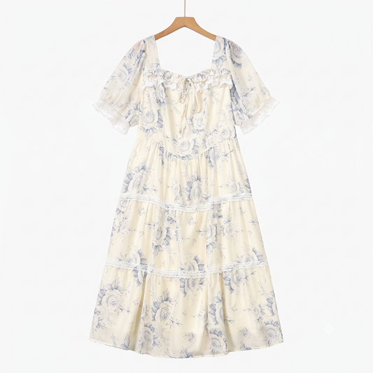 Plusock Square Neck Puff Short Sleeve Lace Trim Tiered Summer Dress - Beige - 6XL - image 0