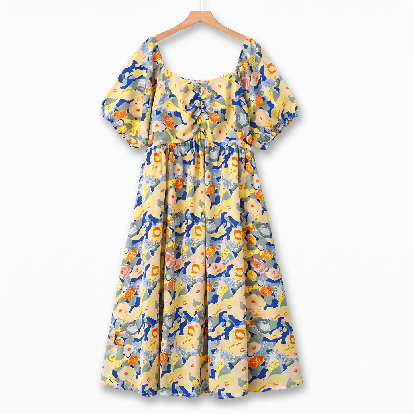 Plusock Plus Size Empire Waist Floral Puff Short Sleeve Lightweight Summer Dress - Yellow - 6XL - image 0
