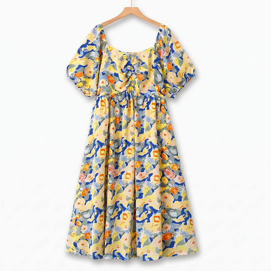 Plusock Plus Size Empire Waist Floral Puff Short Sleeve Lightweight Summer Dress - Yellow - 6XL - image 0