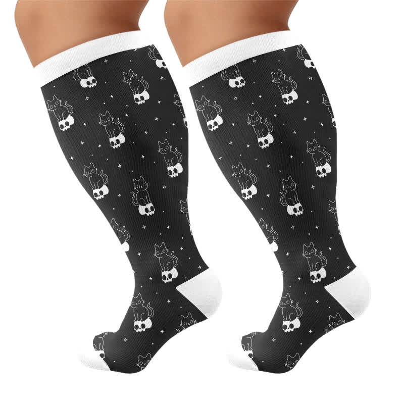 Plusock Plus Size Cartoon Ghost Cat Compression Socks - Black - 4XL - image 6