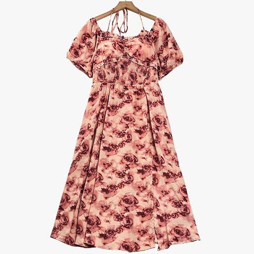 Plusock Plus Size Floral Empire Waist  Square Neck Puff Sleeve Summer Dress - Red - 7XL - image 1