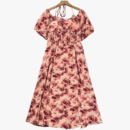 Plusock Plus Size Floral Empire Waist  Square Neck Puff Sleeve Summer Dress - Red - 7XL - image 1