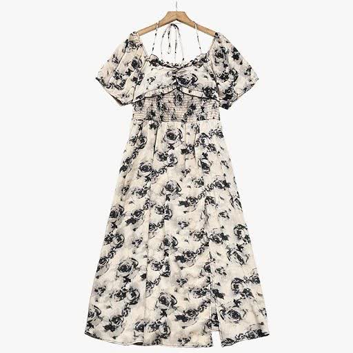 Plusock Plus Size Floral Empire Waist  Square Neck Puff Sleeve Summer Dress - Black - 7XL - image 2
