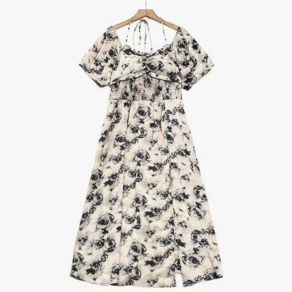 Plusock Plus Size Floral Empire Waist  Square Neck Puff Sleeve Summer Dress - Black - 7XL - image 2