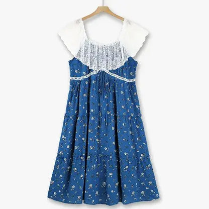 Plusock Plus Size Lace Flutter Sleeve Ditsy Floral Tiered Summer Midi Dress - Blue - 6XL - image 0
