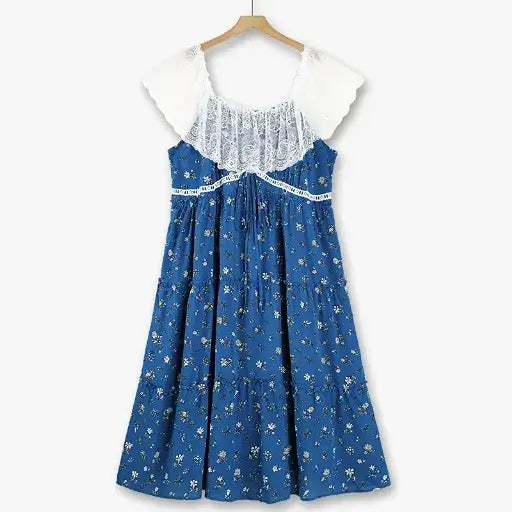 Plusock Plus Size Lace Flutter Sleeve Ditsy Floral Tiered Summer Midi Dress - Blue - 6XL - image 0