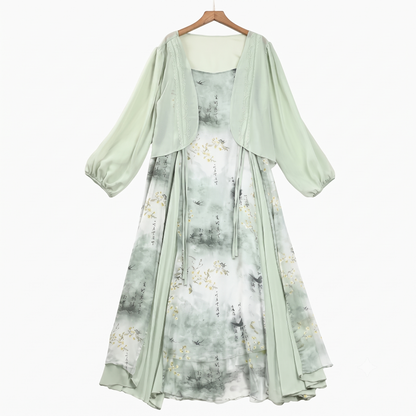 Plusock Plus Size Sheer Cardigan & Ink Floral Print Cami Dress Summer Set - 2Pcs Set - 6XL - image 0