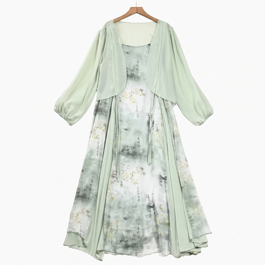 Plusock Plus Size Sheer Cardigan & Ink Floral Print Cami Dress Summer Set - 2Pcs Set - 6XL - image 0