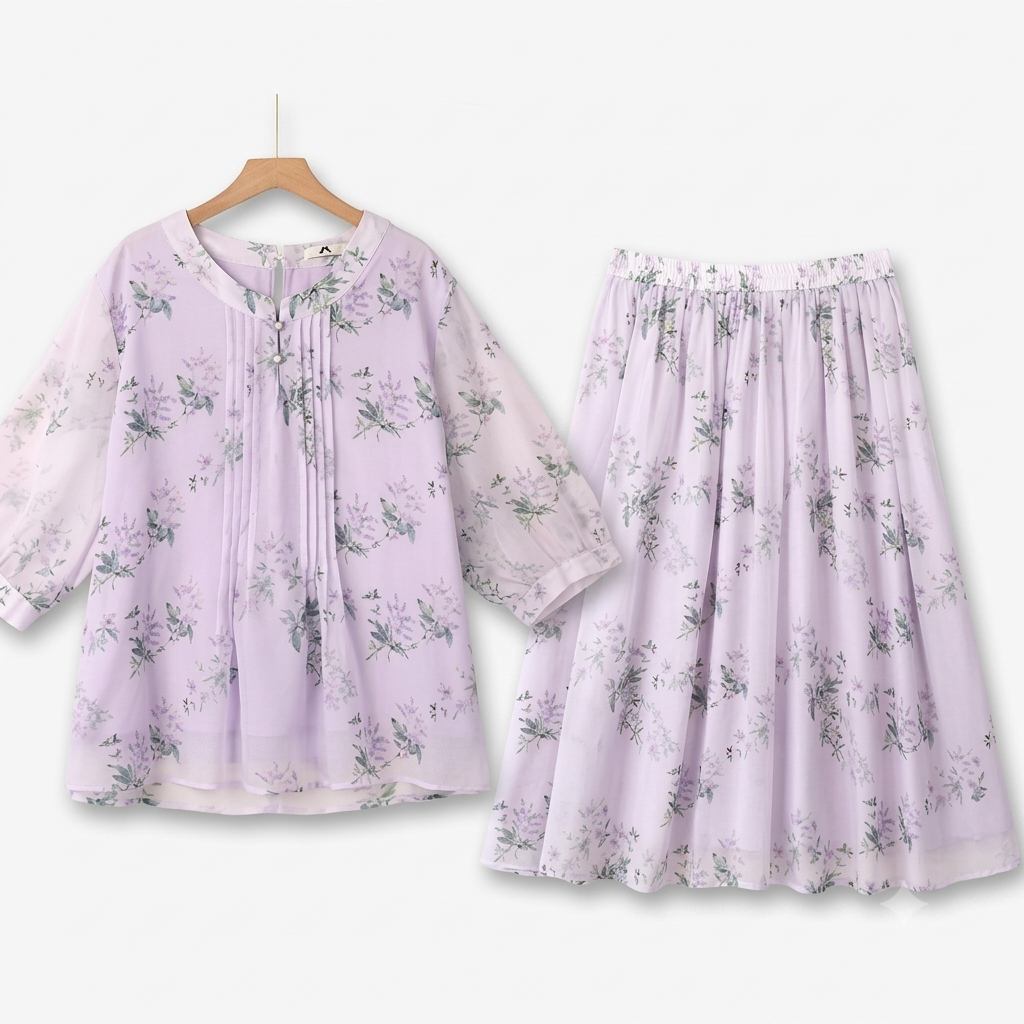 Plusock Plus Size Pleated Blouse A-line Skirt Lightweight Summer Set - Purple - 6XL - image 0