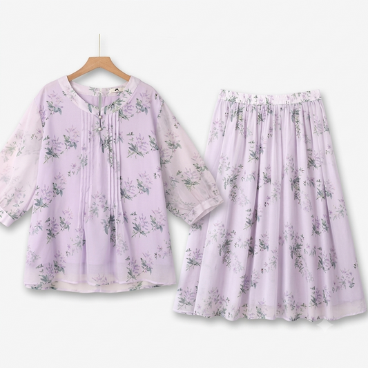 Plusock Plus Size Pleated Blouse A-line Skirt Lightweight Summer Set - Purple - 6XL - image 0