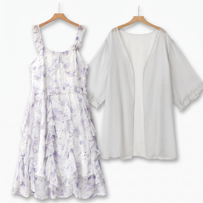 Plusock Plus Size Floral Tiered Ruffle Dress and Sheer Cardigan Summer Set - Light Purple - 6XL - image 0
