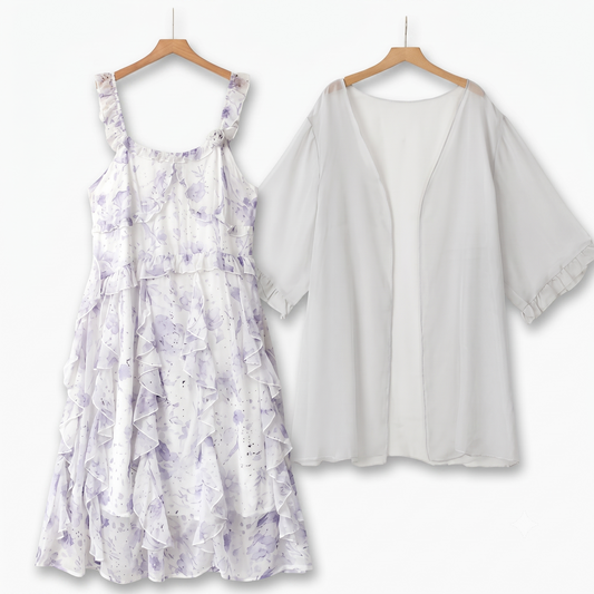 Plusock Plus Size Floral Tiered Ruffle Dress and Sheer Cardigan Summer Set - Light Purple - 6XL - image 0