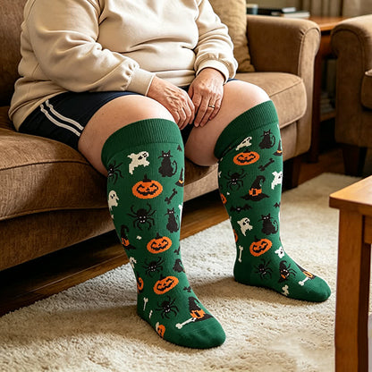 Plusock Plus Size Black Cat Bat Compression Socks - Green - 4XL - image 2