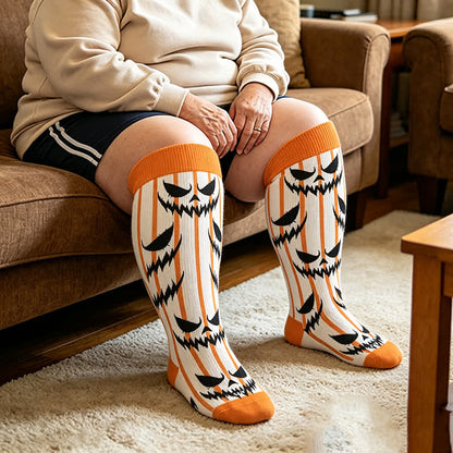 Plusock Plus Size Black Cat Bat Compression Socks - Orange - 4XL - image 1