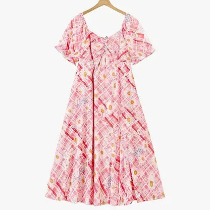 Plusock Plus Size Square Neck Puff Short Sleeve Plaid Daisy Print Summer Maxi Dress - Pink - 6XL - image 0