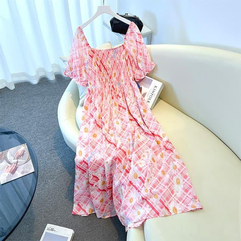 Plusock Plus Size Square Neck Puff Short Sleeve Plaid Daisy Print Summer Maxi Dress - image 7
