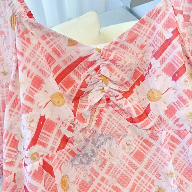 Plusock Plus Size Square Neck Puff Short Sleeve Plaid Daisy Print Summer Maxi Dress - image 2