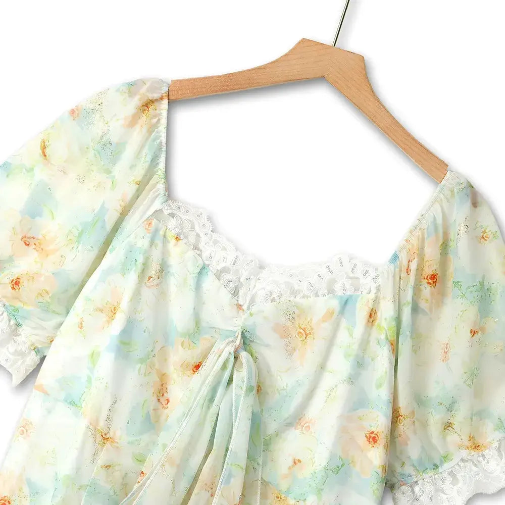 Plusock Plus Size Square Neck Lace Trim Floral Print Puff Sleeve Summer Maxi Dress - image 1