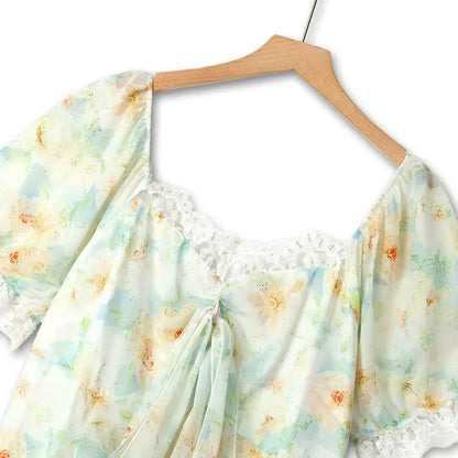 Plusock Plus Size Square Neck Lace Trim Floral Print Puff Sleeve Summer Maxi Dress - image 1
