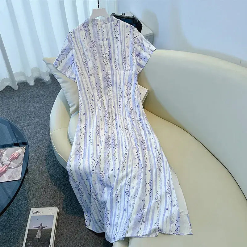 Plusock Plus Size Loose Floral Stripe Mandarin collar Summer Maxi Dress - image 6