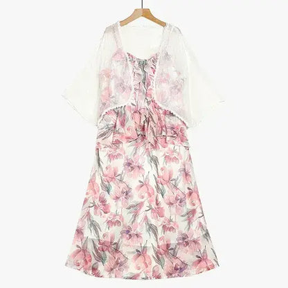 Plusock Plus Size Sheer Cardigan Lightweight Floral Ruffle V-Neck Summer Dress Set - image 1