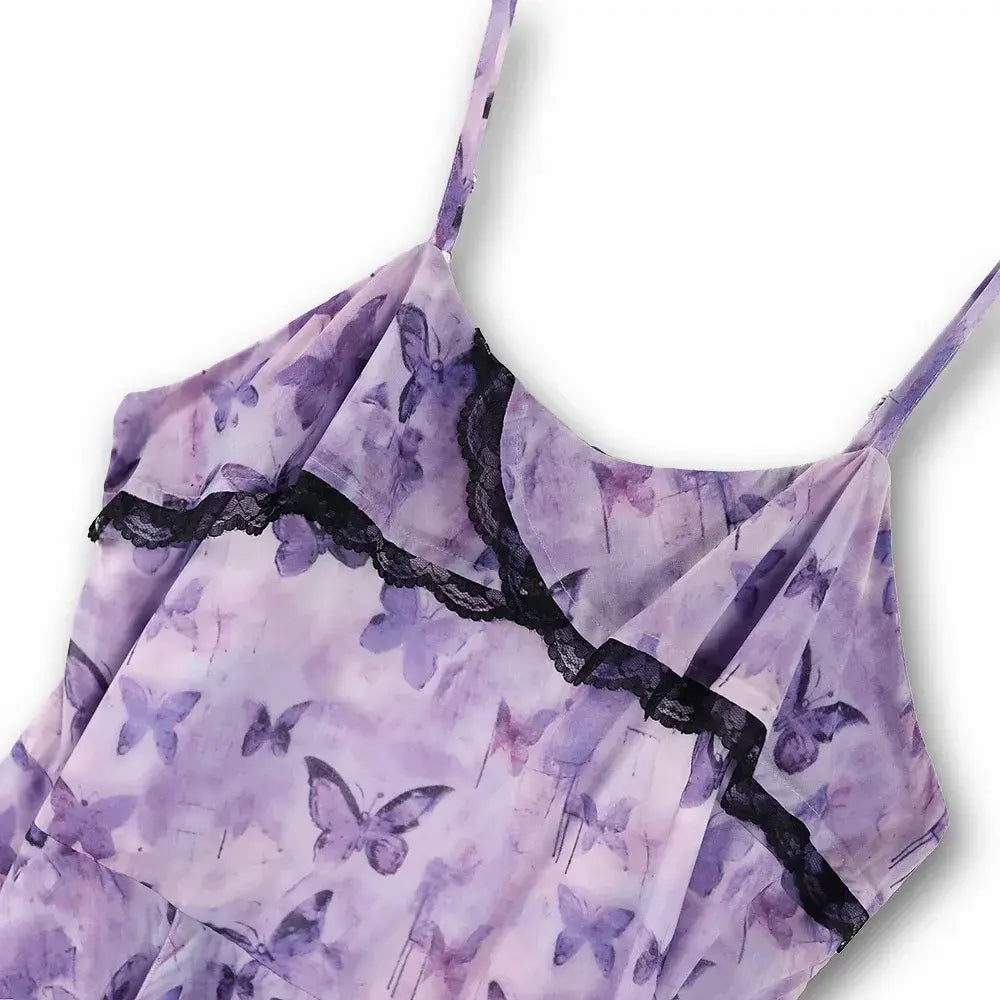 Plusock Plus Size Lavender Butterfly Print Black Lace Trim Asymmetrical Midi Slip Dress - image 2