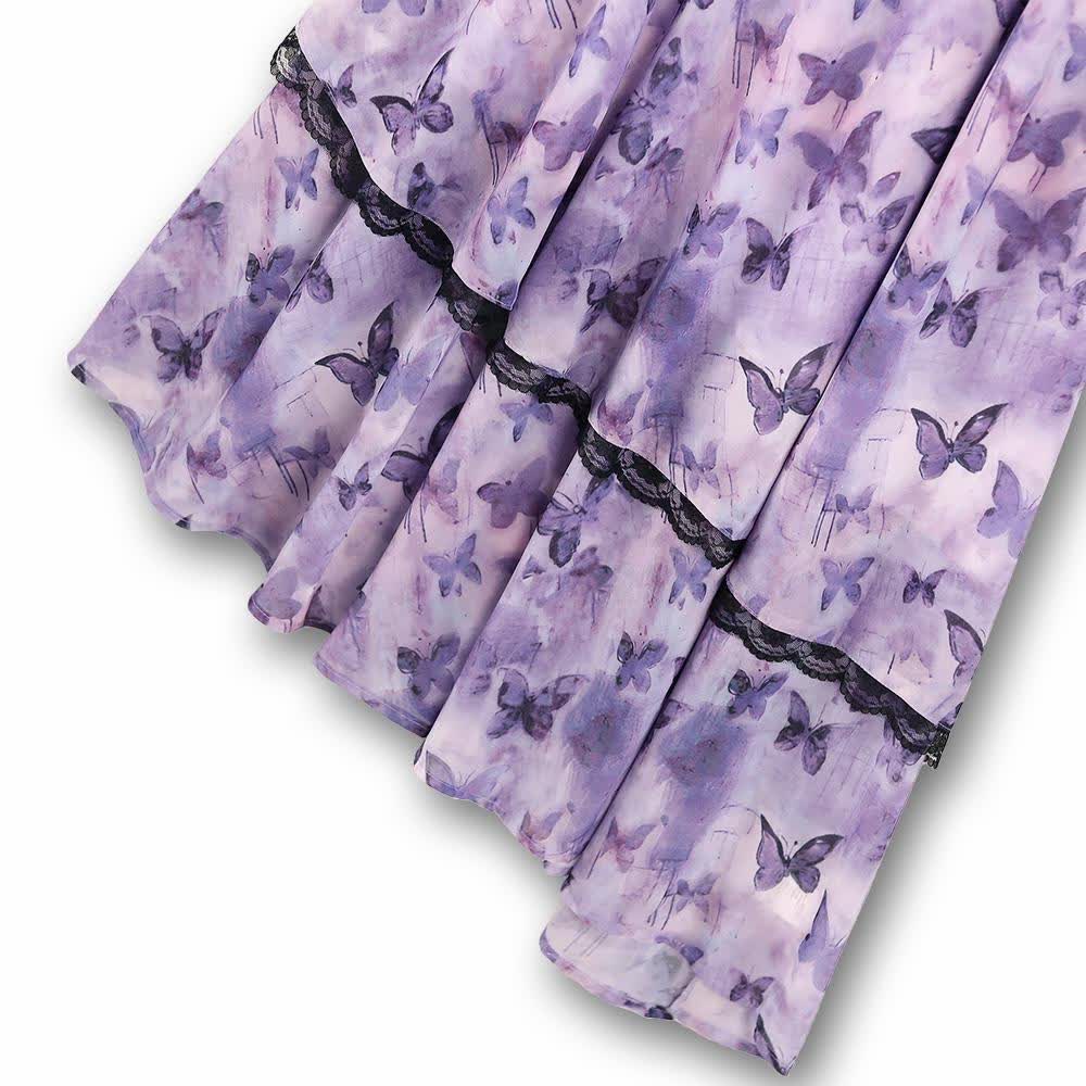 Plusock Plus Size Lavender Butterfly Print Black Lace Trim Asymmetrical Midi Slip Dress - image 3