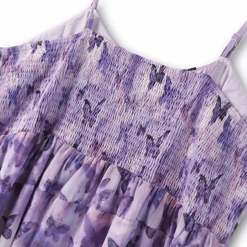 Plusock Plus Size Lavender Butterfly Print Black Lace Trim Asymmetrical Midi Slip Dress - image 1