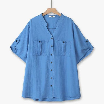 Plusock Plus Size Bamboo Button Front Blouse - Blue - 6XL - image 0