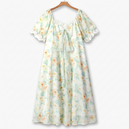 Plusock Plus Size Square Neck Lace Trim Floral Print Puff Sleeve Summer Maxi Dress - Mint - 6XL - image 0