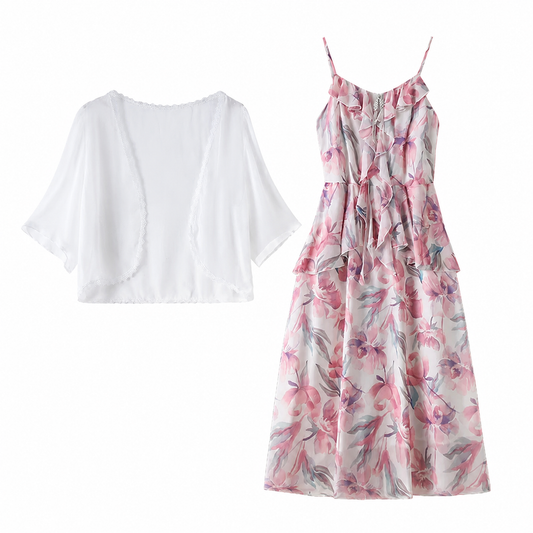 Plusock Plus Size Sheer Cardigan Lightweight Floral Ruffle V-Neck Summer Dress Set - 2Pcs Set - 6XL - image 0