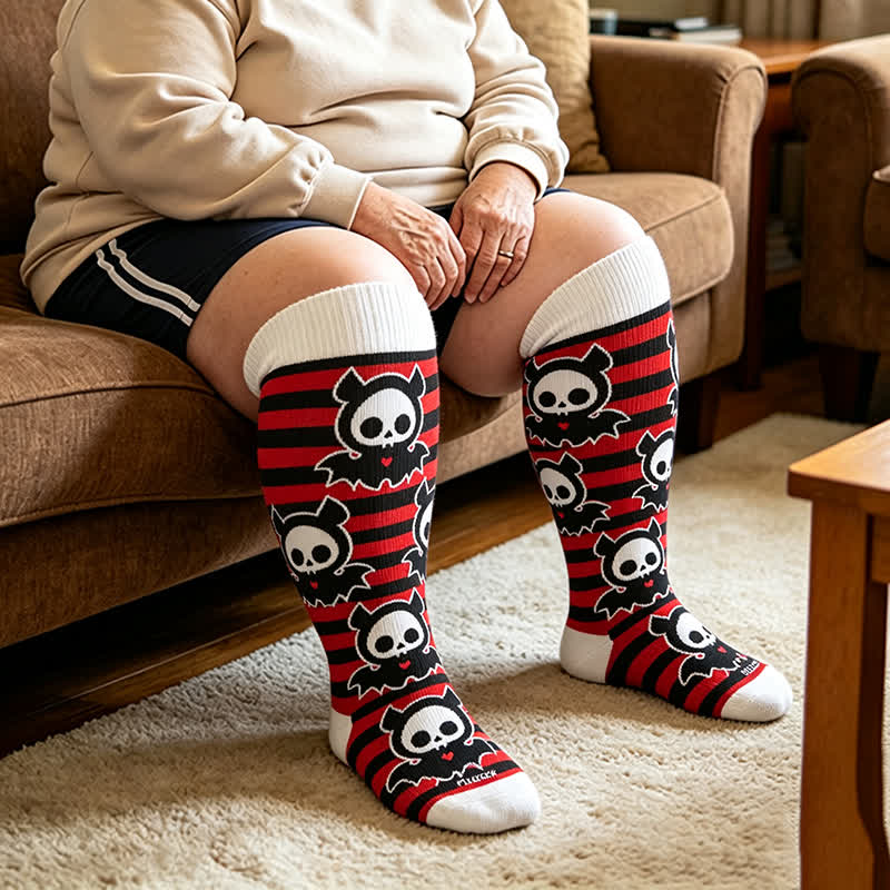 Plusock Plus Size Red Stripe Bat Skull Compression Socks - Red - 4XL - image 1