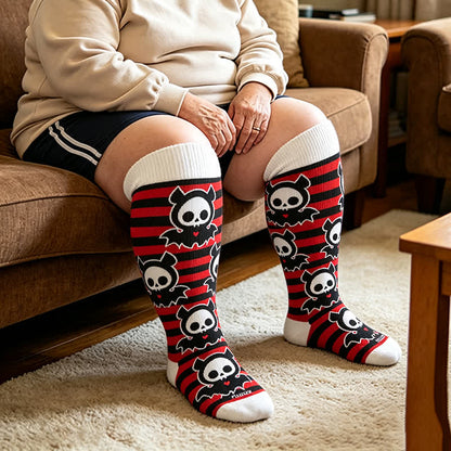 Plusock Plus Size Red Stripe Bat Skull Compression Socks - Red - 4XL - image 1