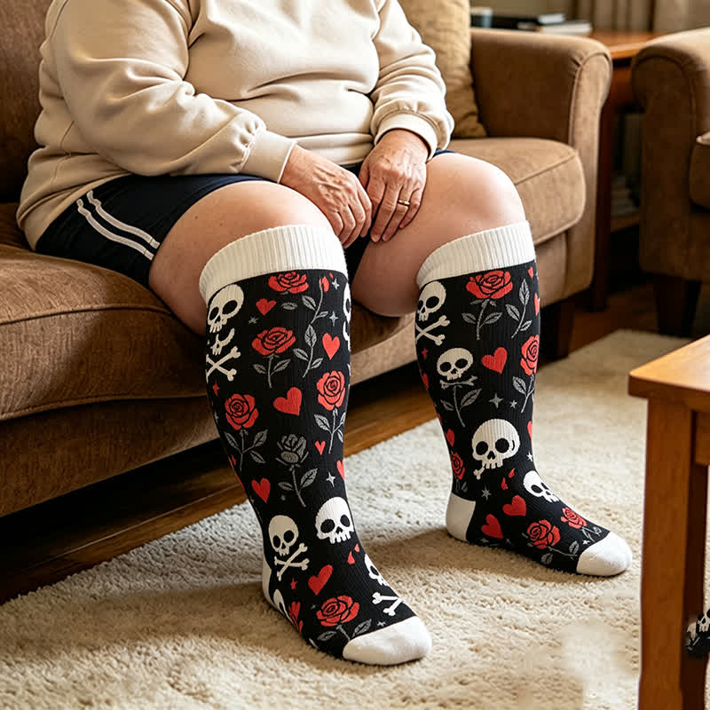 Plusock Plus Size Red Stripe Bat Skull Compression Socks - Black - 4XL - image 2