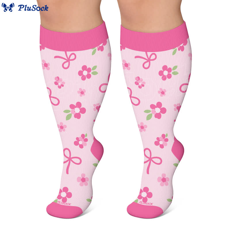 Plusock Plus Size Pink Bow Floral Compression Socks - image 5