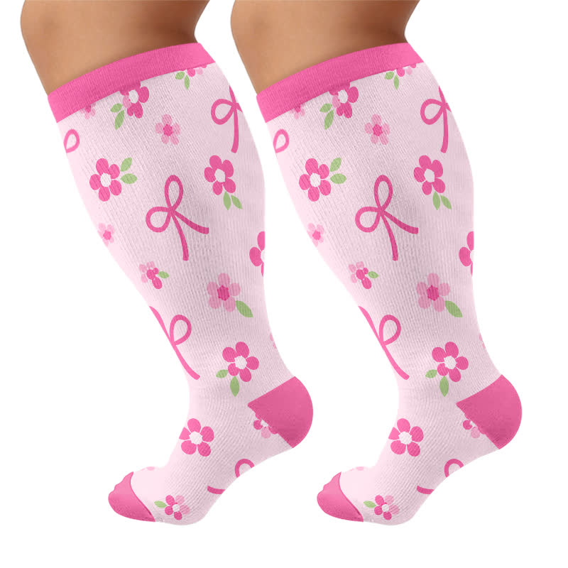 Plusock Plus Size Pink Bow Floral Compression Socks - Pink - 4XL - image 6