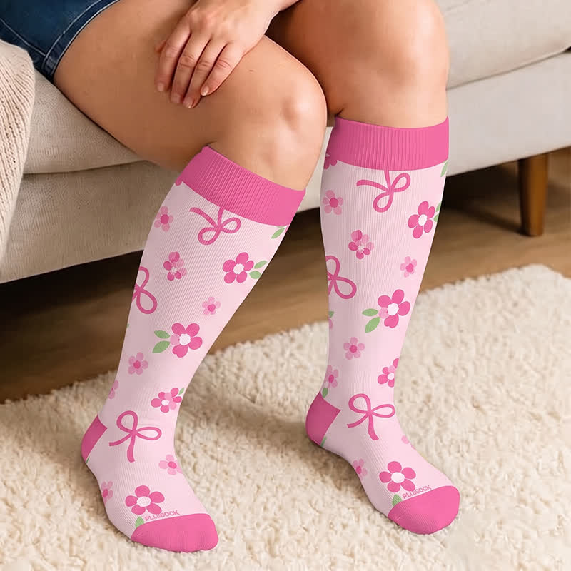 Plusock Plus Size Pink Bow Floral Compression Socks - image 1