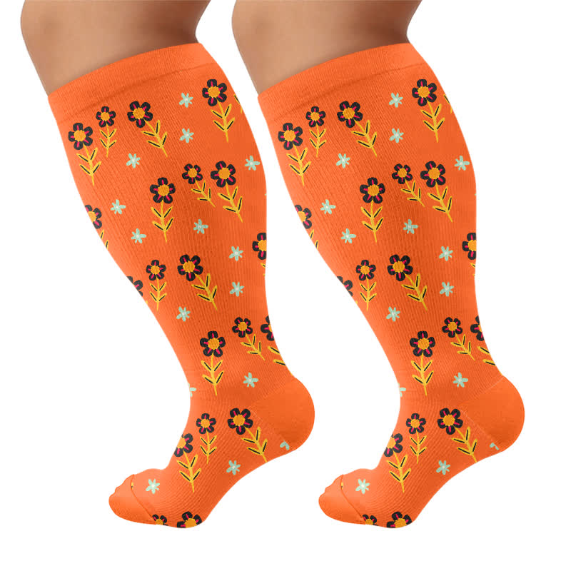 Plusock Plus Size Floral Smile Compression Socks - Orange - 4XL - image 9