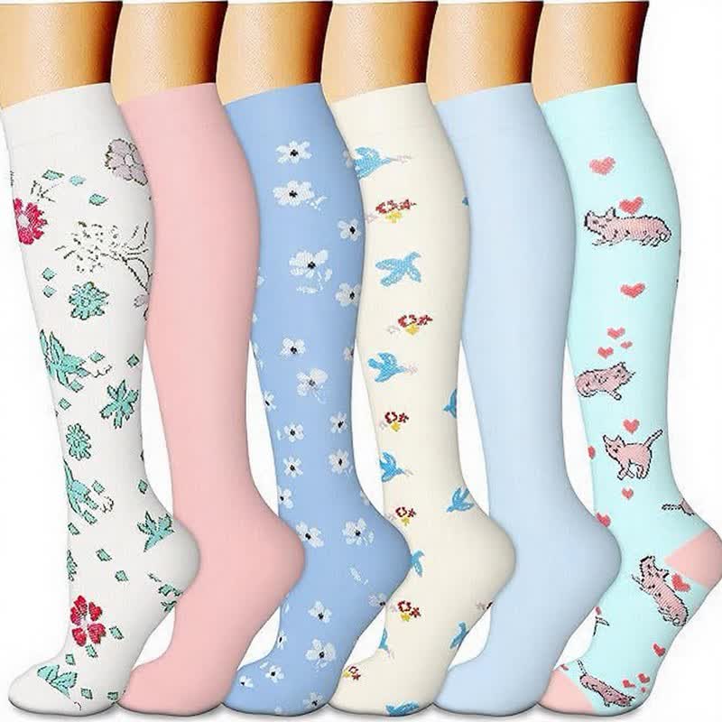 Plusock Pastel Floral Compression Socks(6 Pairs) - Blue - S/M - image 0