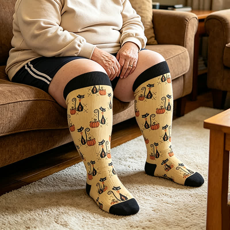 Plusock Plus Size Black Cat Ghost Compression Socks - Yellow - 4XL - image 2