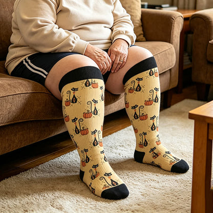 Plusock Plus Size Black Cat Ghost Compression Socks - Yellow - 4XL - image 2