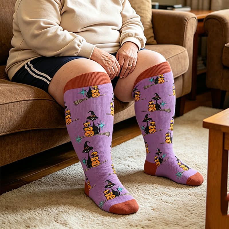 Plusock Plus Size Black Cat Ghost Compression Socks - Purple - 4XL - image 3