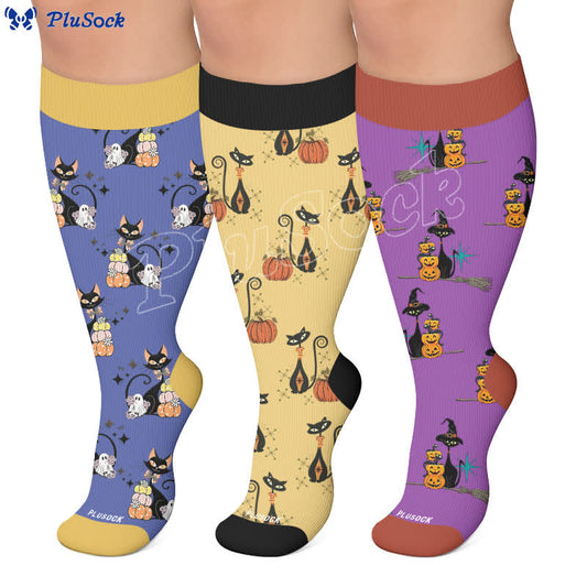 Plusock Plus Size Black Cat Ghost Compression Socks - image 0