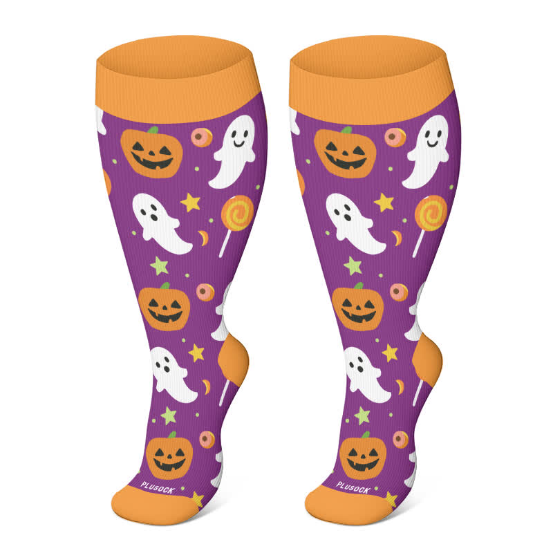 Plusock Plus Size Halloween Floral Skull  Series Compression Socks - Orange-B - 4XL - image 24